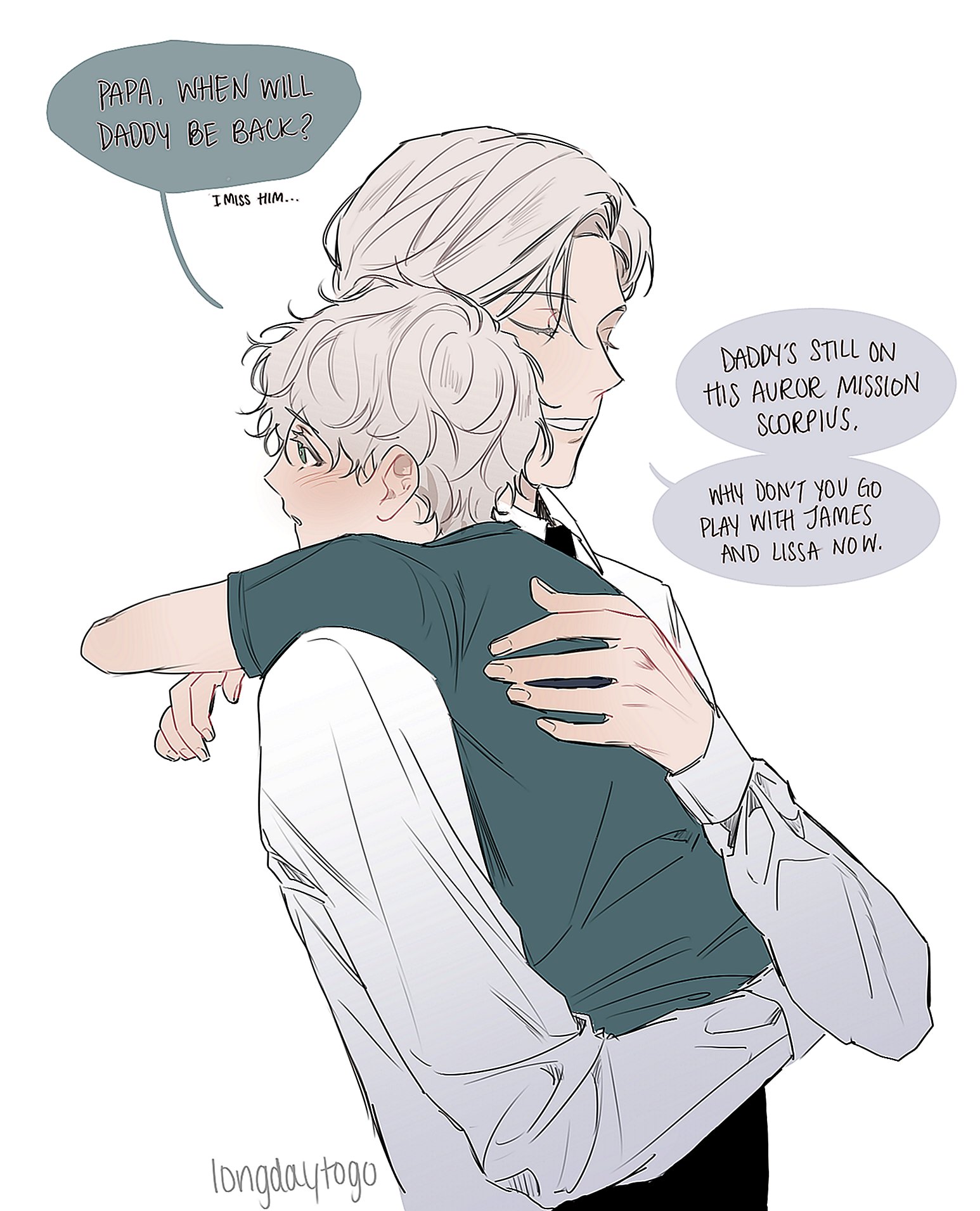 the image is a digital illustration in a style reminiscent of manga or webtoons. it depicts a palehaired father hugging his young son, who appears sad.  the father is comforting his son, who is expressing his longing for his "daddy" who is away on a mission called "scorpius." the father explains the situation and suggests the son play with friends while the father is gone. the overall tone is tender and emotional, emphasizing the love between father and son and the child's sadness at his father's absence. the art style is clean and expressive, with delicate linework and shading.  the text bubbles show the dialogue between the father and son.
