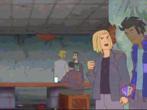 the image shows a scene from an animated cartoon, likely from the 1990s.  two men, one with blonde hair and one with black hair, stand facetoface in a tense confrontation. the blonde man gestures emphatically while speaking, suggesting an argument. the setting is a bar, with other patrons visible in the background, though out of focus. the lighting is bright, likely artificial light within the bar. the perspective of the shot is at eye level with the characters.