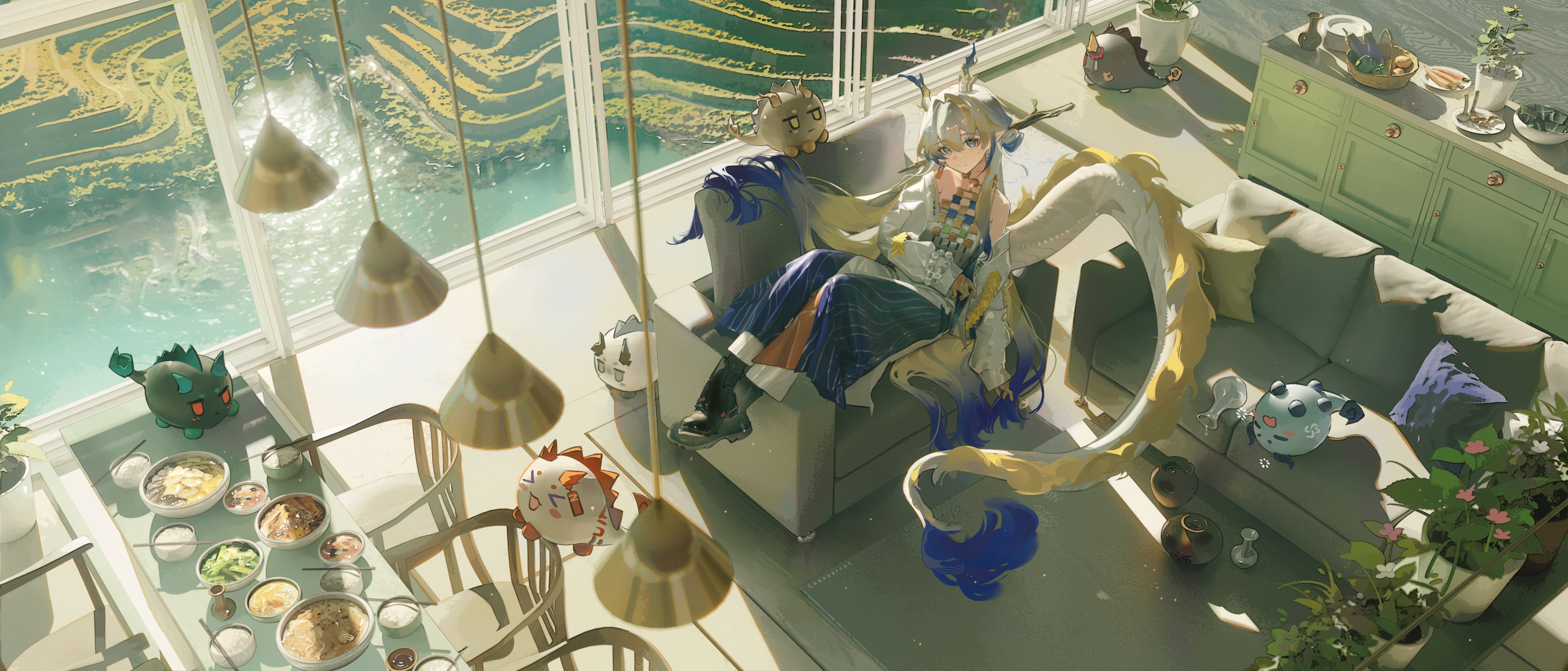 the image shows a young woman with long blonde hair and horns sitting on a couch in a modern apartment. she is wearing a white and blue outfit and has a long dragon tail. the apartment has large windows with a view of rice fields. there is a dining table in the foreground and a balcony in the background. the lighting is bright and sunny.