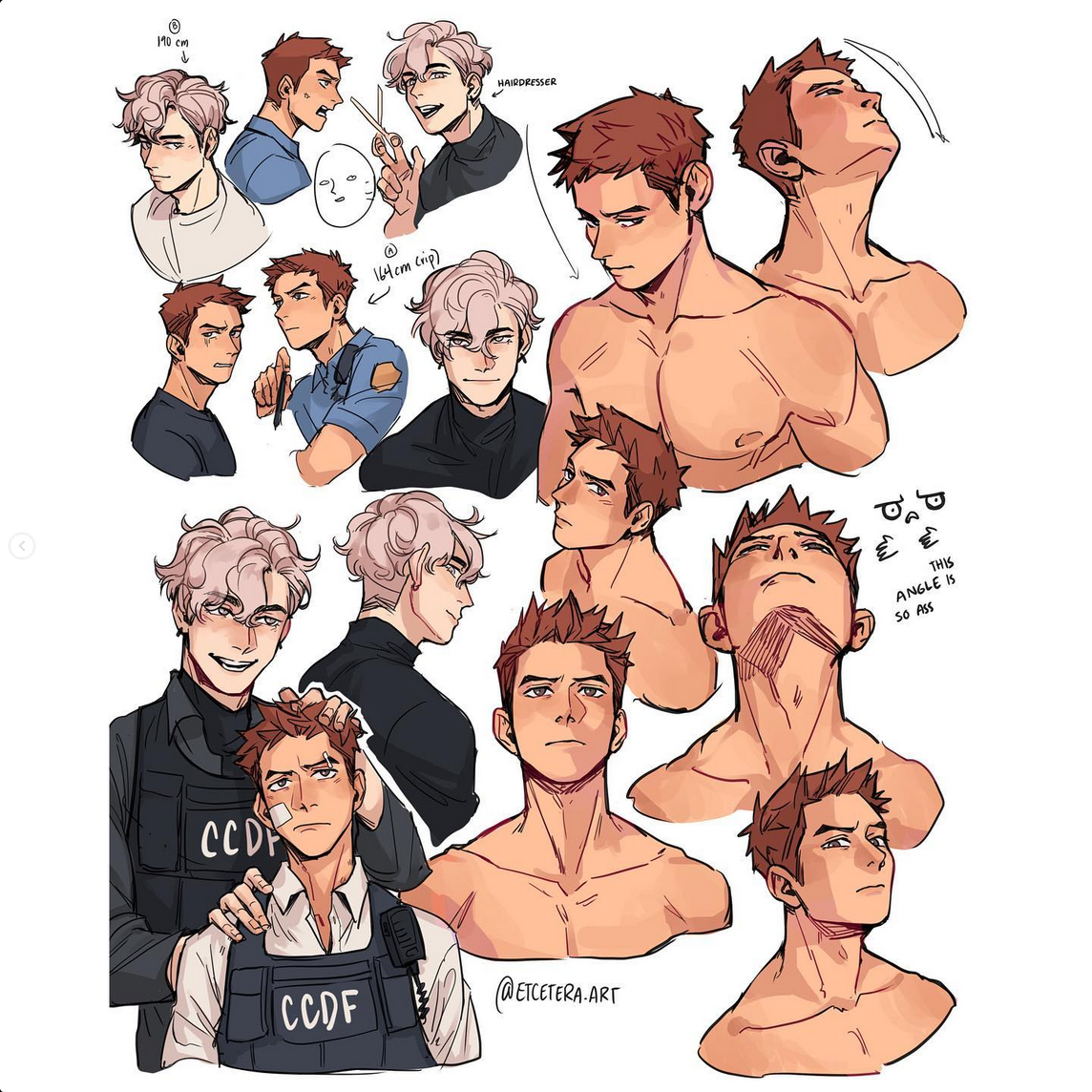 the image is a digital character design sketch of two men with short, styled hair, one blonde and one brunette. it features multiple headshots and bust portraits showcasing various angles and expressions. the style is line art with minimal shading, emphasizing anatomy and structure. one character is shown in a police uniform, while the other is depicted in casual wear.