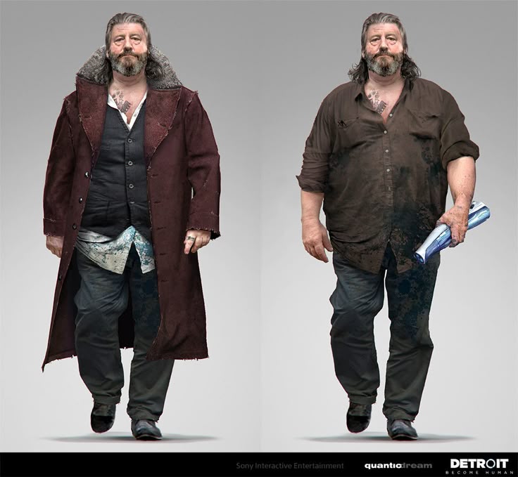 two variations of a character concept for hank anderson from the video game detroit become human. on the left, hank is wearing a long maroon overcoat with a fur collar, a dark vest, an open white buttondown shirt, and dark jeans. on the right, he is wearing an unbuttoned brown shirt and dark jeans, holding a blue and white bottle in his right hand. both versions show a man with long hair, a beard, and a tattoo on his chest. the image includes the logos for sony interactive entertainment, quantic dream, and detroit become human.