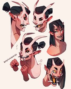 the image showcases a collection of expressive character portraits, possibly depicting variations or expressions of the same oni or demonlike character. the artwork focuses on the head and shoulders, highlighting their distinct features: sharp horns, menacing fangs, and stylized, exaggerated expressions.  the characters have pale skin, contrasting with their dark hair and vibrant red accents around their eyes and horns. the artist utilizes dynamic linework and a soft color palette, creating a sense of both power and whimsy.