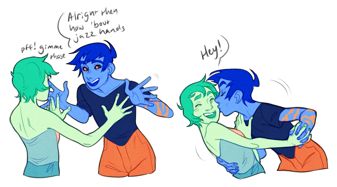 a four panel comic about a couple. in the first panel, a character with blue skin and hair, wearing a black shirt and orange shorts, holds out his hands with the caption "alright then, how 'bout jazz hands".  the next panel zooms in on the character with green skin and hair, blushing as they say "pft! gimme those". in the next panel, the blue character has a surprised expression as the green character pulls them in for a kiss, captioned by "hey!". the final panel shows the two embracing in a hug.