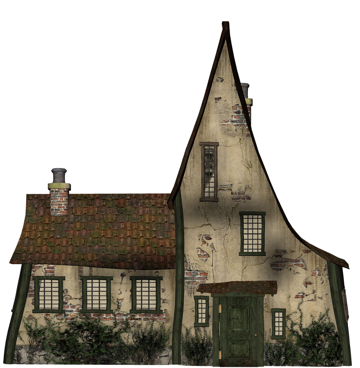 an image of an old, weathered house with a unique architectural style. the house features a combination of brick and stone construction, a steep, curved roof, and various windows and a door. vines and plants grow around the base of the house. the background is black.