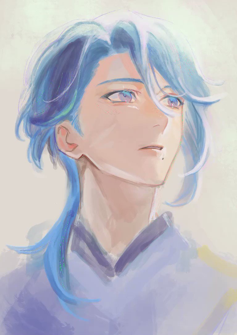 an anime character with blue hair and eyes is drawn in a soft, dreamy style. the character's eyes are slightly closed, and they appear to be in a thoughtful or serene state. their head is tilted up as if they are looking at something in the distance. the background is a soft, light blue and white, which creates a sense of peace and tranquility. the overall style of the artwork is delicate and ethereal, with a focus on soft lines and colors.