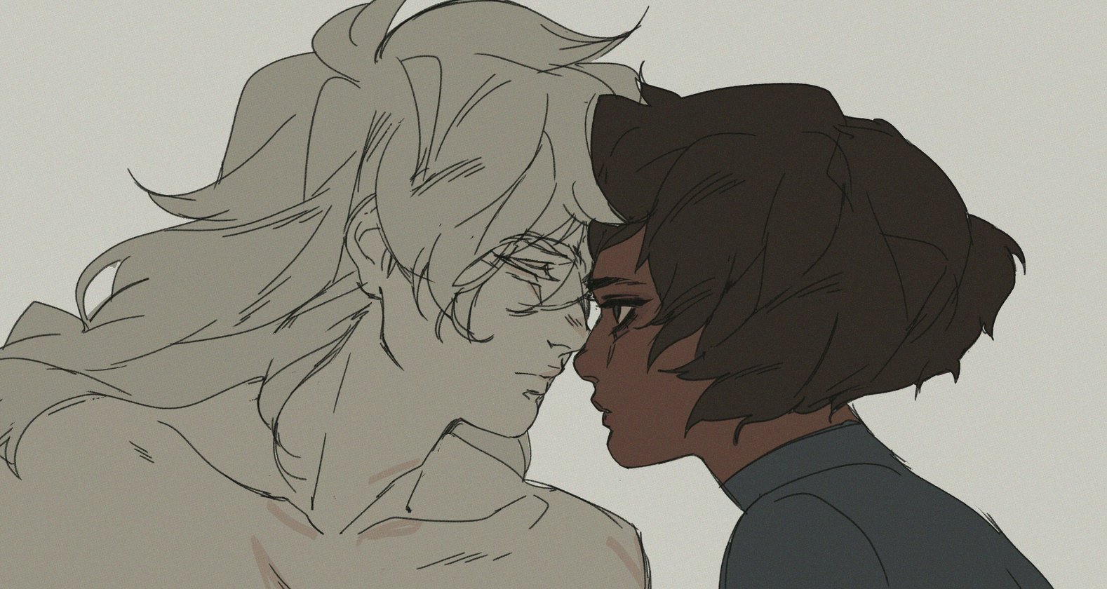 a drawing of an anime couple, a woman with long white hair, and a man with short black hair, looking at each other lovingly. the woman is in a white shirt and the man is in a dark blue shirt. the woman's hair is drawn in a style that is similar to that of traditional japanese anime. the man's hair is drawn in a more realistic style. they are both drawn in a very detailed and expressive way. they are close together with their foreheads touching, as if they are about to kiss. the drawing has a very romantic feel.