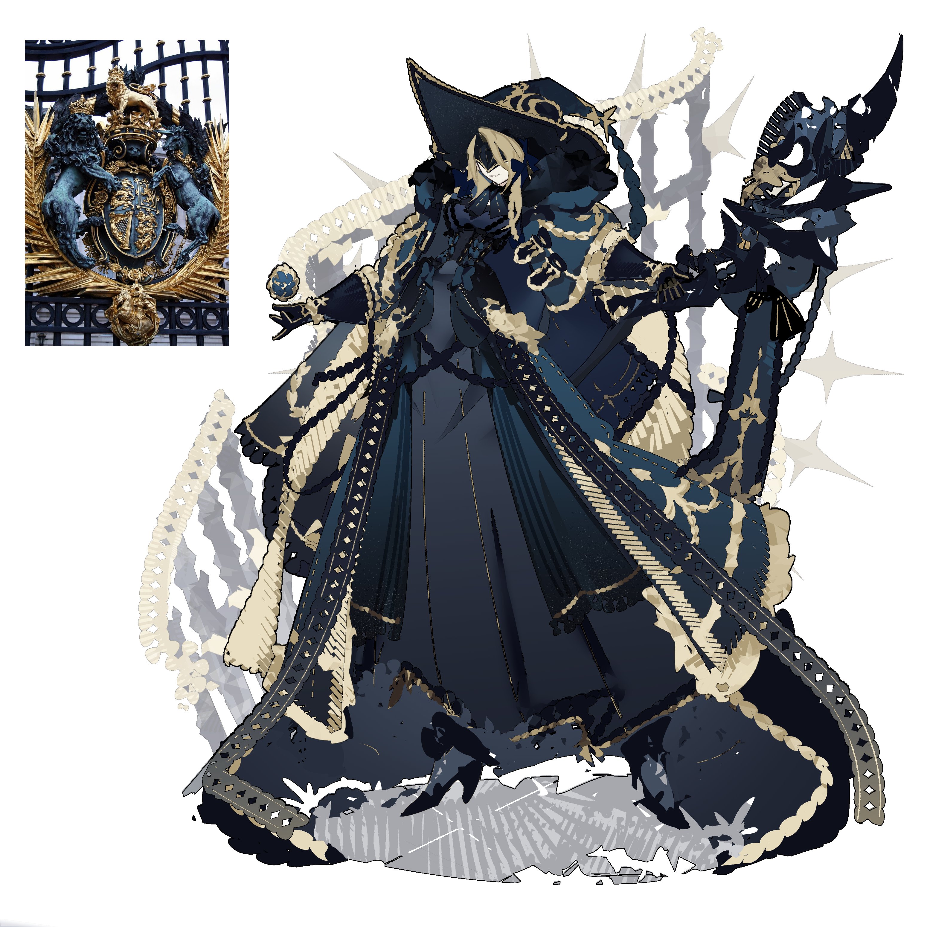 a digital illustration of a fantasy character, a wizard, holding a staff.  the character is wearing a long, flowing robe in shades of blue and black with gold trim. they have long blonde hair and are wearing a large hat. the staff is ornate and appears to be made of bone or ivory. the background is abstract and features a swirling pattern.