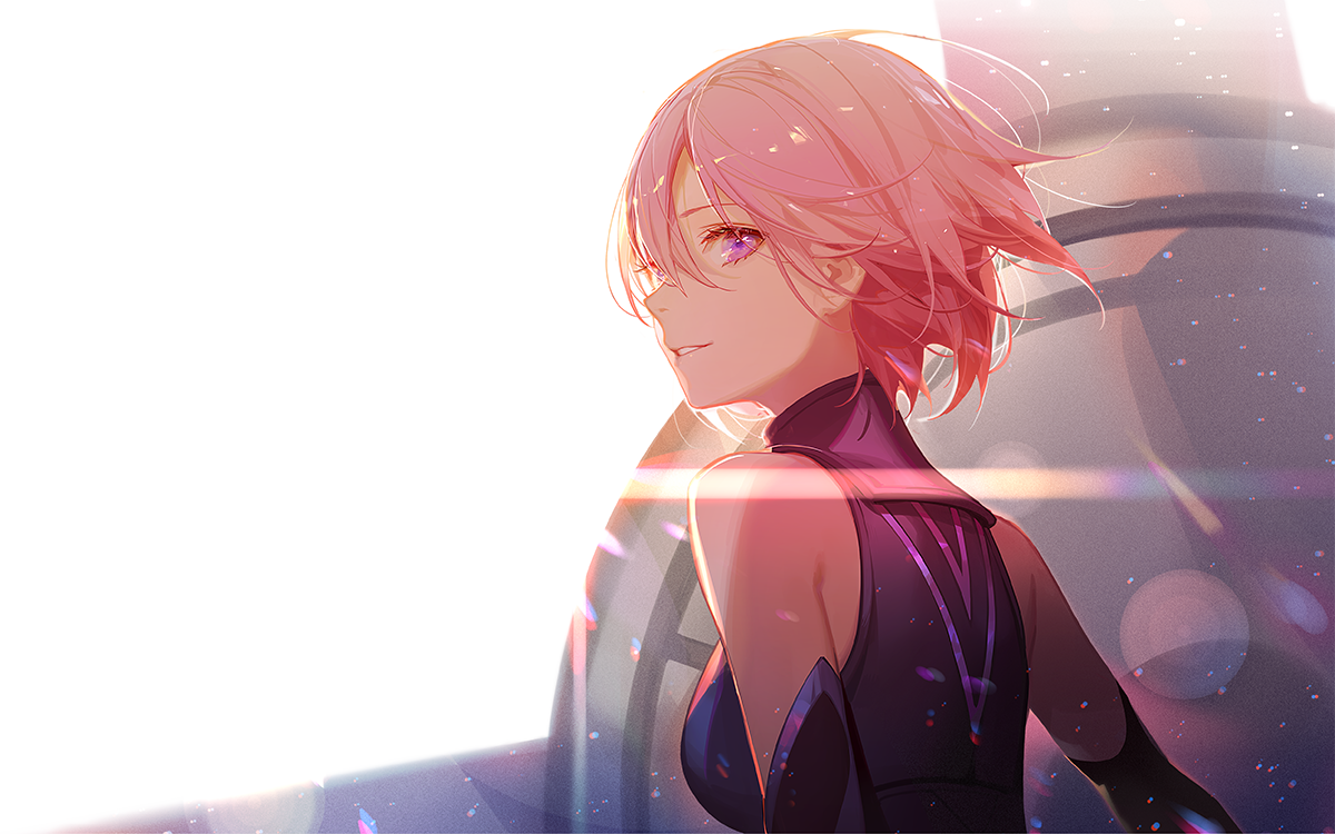 the image showcases a stunning animestyle illustration of a young woman. she possesses short, vibrant pink hair, and her gaze is directed away from the viewer, creating a sense of mystery and intrigue. her eyes are a striking shade of purple or violet.  she is elegantly dressed in a dark, almost purple sleeveless top with sharp detailing on the back, hinting at a futuristic or fantasy setting. the background is bright and features a soft bokeh effect and lens flares, adding to the ethereal ambiance.  the overall style is clean and polished, typical of modern digital anime artwork. the lighting and color palette enhance the woman's beauty and poise.