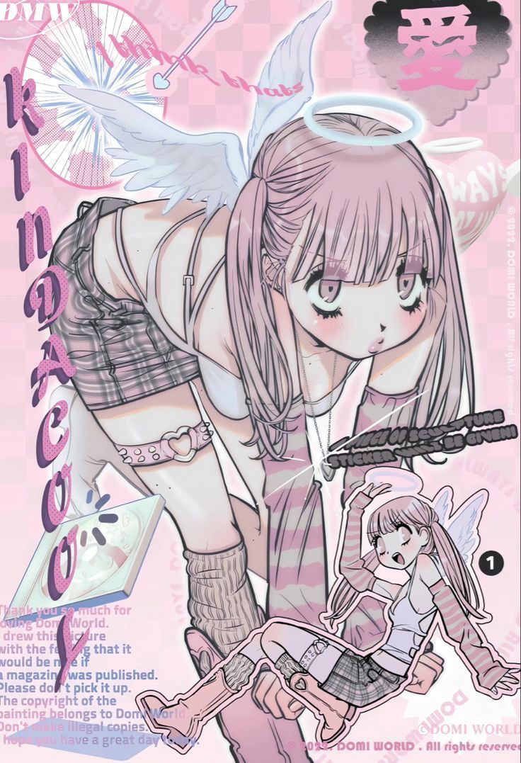 the image is a mangastyle illustration featuring a girl with pink hair, angel wings, and a halo. she is wearing a plaid skirt, thighhigh socks, and a garter belt with a heart. the background is pink and includes various elements like a cupid arrow and japanese text. the artwork is attributed to domi world and features the name kindaco. there's also a smaller version of the same girl in the bottom right corner.