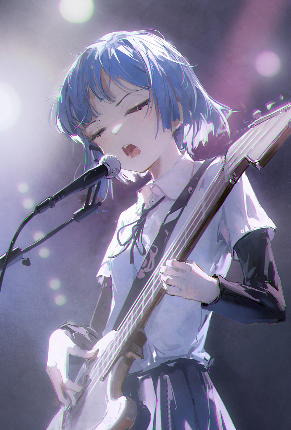 the image is of a cute anime girl with blue hair singing into a microphone while holding a bass guitar and performing on stage. the image is set against a background of blurred lights, which suggest that she is performing at a concert. her expression is one of joy and passion as she sings and plays her instrument. this image is filled with energy and excitement, capturing the thrill of music and performance.