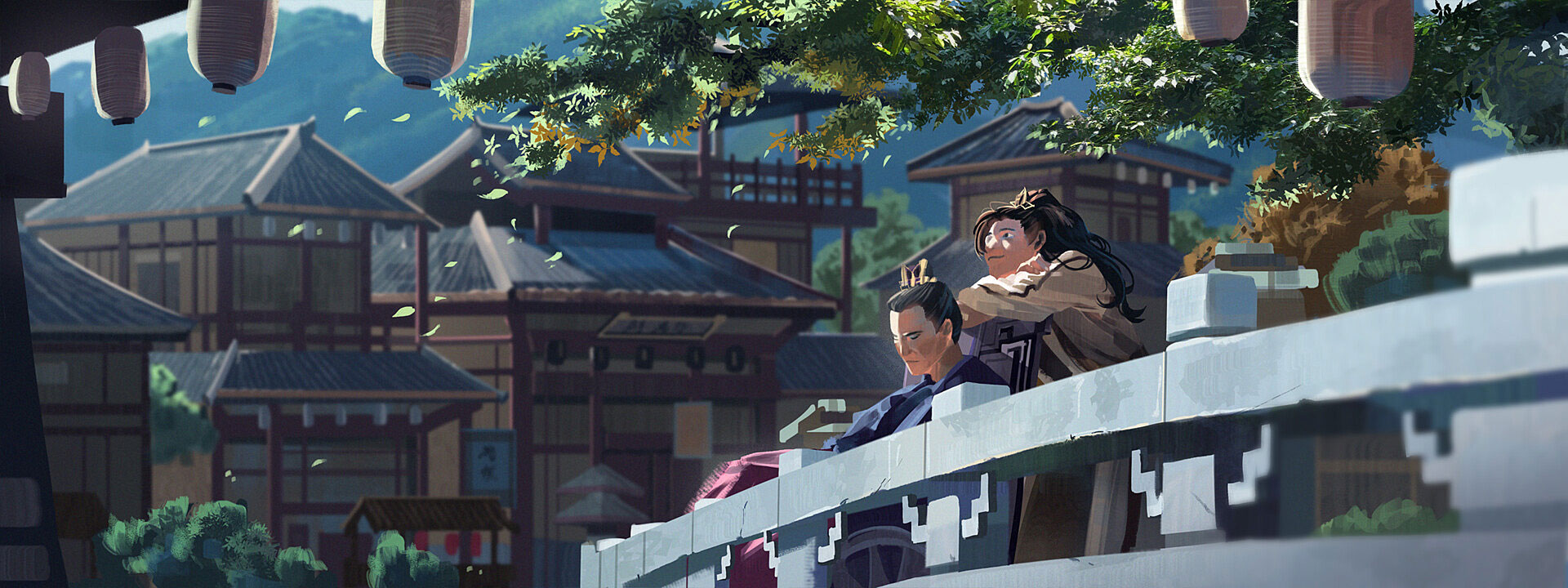 the image depicts a beautiful, digitally painted landscape with a pair of anime characters in the foreground, sitting on a wall, enjoying the scenery. the two characters are a young woman and a man. the woman is dressed in a long coat and has a headband on her head. the man has dark hair, wears a black suit, and has a red sash around his waist. they are both sitting on a white wall overlooking the street, with trees and buildings in the background. the street seems to be in a bustling, asian city. the painting is full of detail and color, and it captures the feeling of a warm summer day. the painting's light, breezy, and relaxing tone seems to indicate that the couple is enjoying themselves together. the overall message of the image is one of love and happiness.