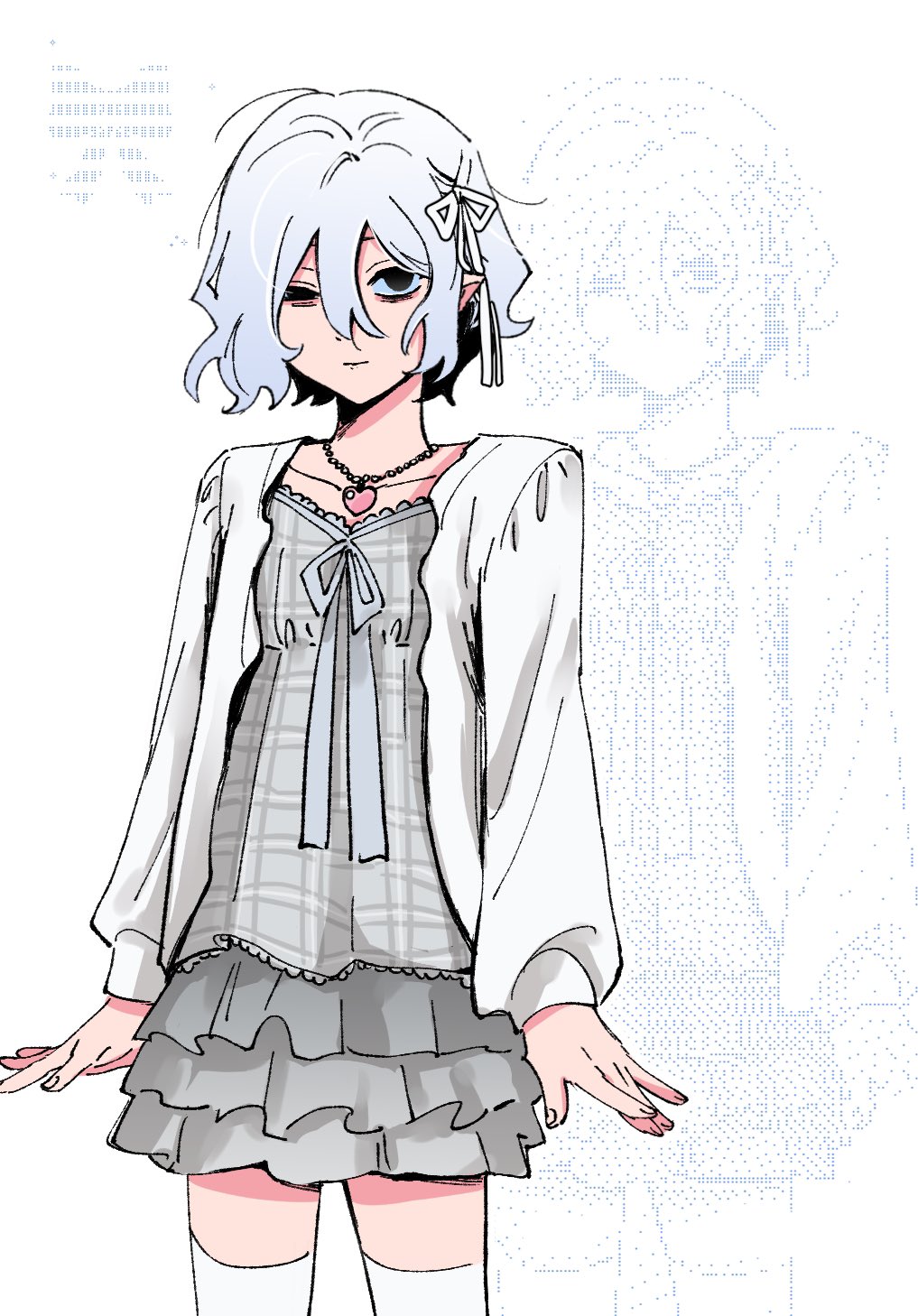 he image is a digital drawing of an animestyle girl. she has short, white hair, and is wearing a light gray and white outfit consisting of a cardigan, a plaid top, and a layered ruffle skirt. she also has a small heartshaped necklace. the girl's expression is calm and slightly mischievous. the background is a faded, light blue and white pattern, with a fainter, almost ghostlike image of what appears to be another version of the same girl behind her. the style is reminiscent of manga or light novel illustrations.