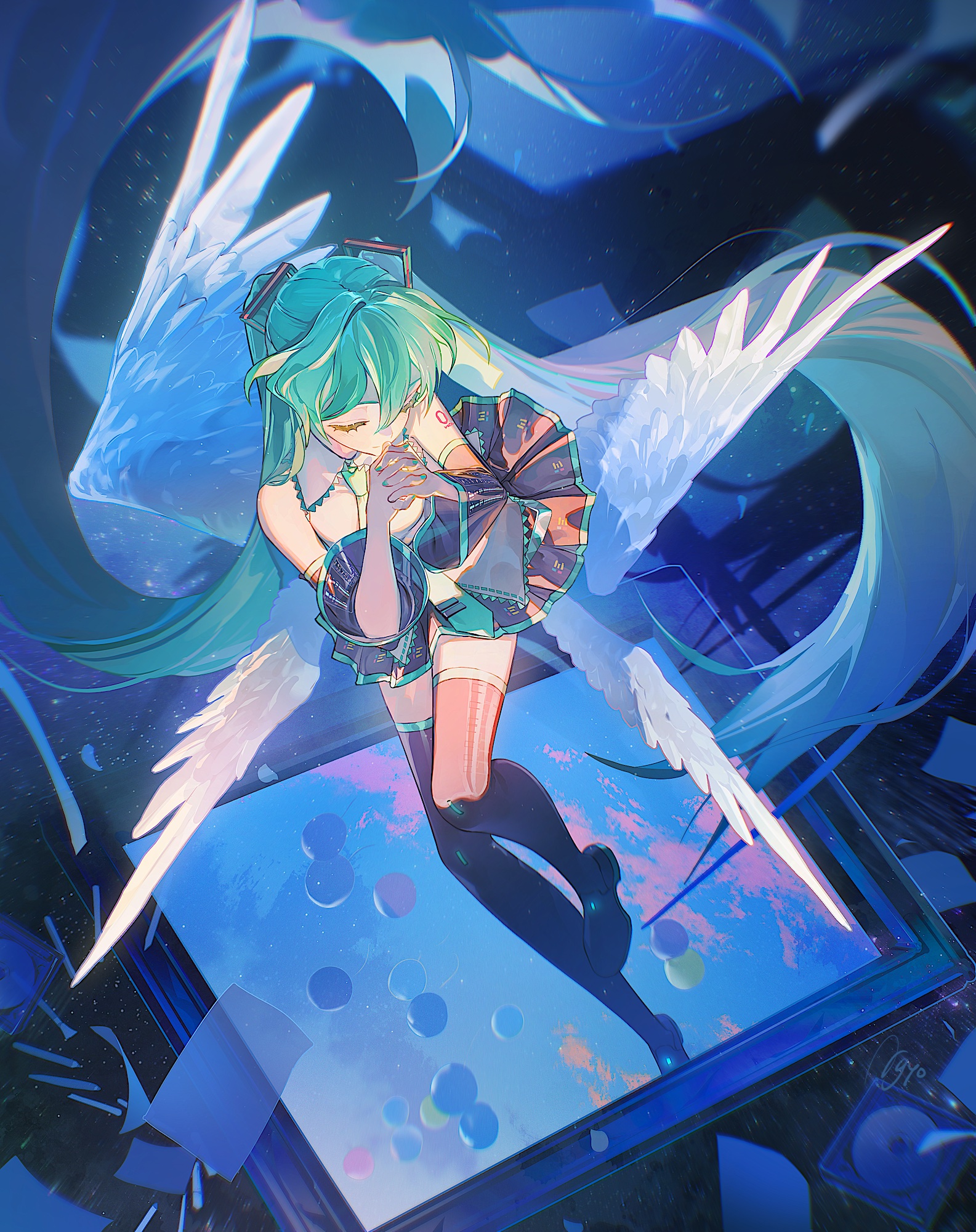 the image is a digital painting of an animestyle female character with long, flowing green hair and large, white angel wings. she is kneeling or floating above a translucent screen displaying a colorful abstract background.  she's wearing a short, darkcolored outfit with a hint of a white or lightcolored undershirt or bodice. her eyes are closed, and her hands are clasped together in a prayerlike gesture. the overall style is fantastical and ethereal, with a blend of soft and vibrant colors, creating a dreamy atmosphere. the background is dark and somewhat abstract, with elements that suggest technology or a digital space. the scene is visually captivating, blending elements of fantasy, anime, and digital art.
