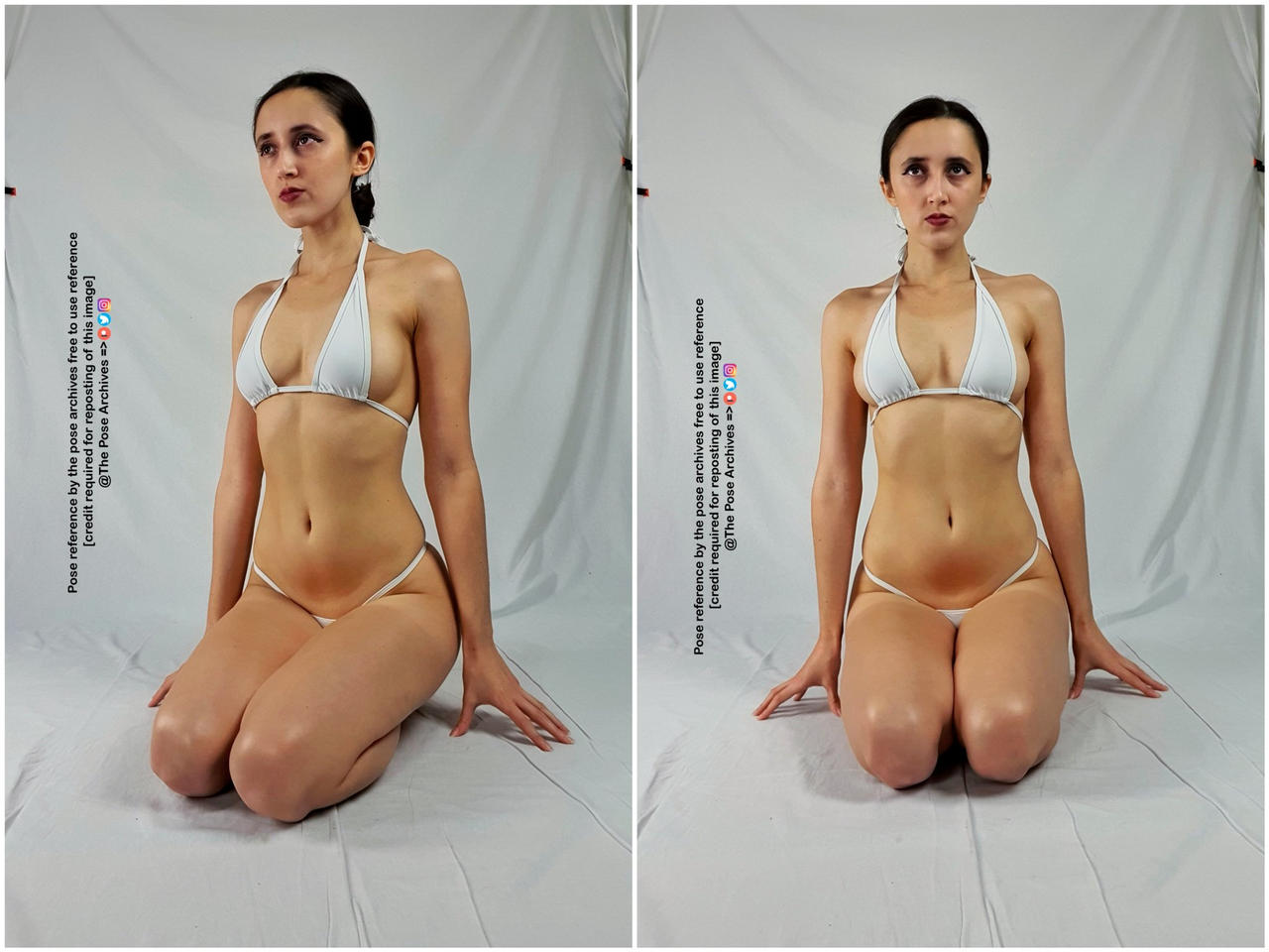 the image shows a young woman in a white bikini posing on a white background. she is kneeling on both knees with her hands resting on the ground in front of her. the image is a diptych, with the same pose repeated twice. the image is intended as a reference for artists.