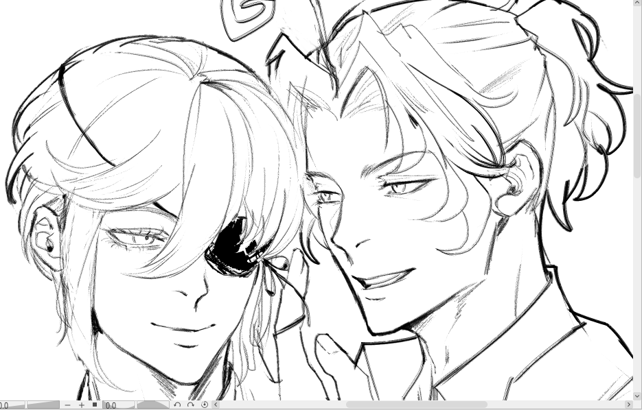 this is a black and white anime drawing of two young men. they are standing side by side, looking at the viewer. the man on the left is wearing an eyepatch and is smiling, while the man on the right has a slight smirk on his face. the drawing is very detailed, with lots of line work. they appear to be friends, possibly with a romantic undertone, based on the closeness of their proximity and expressions. they are stylishly dressed and have handsome features.