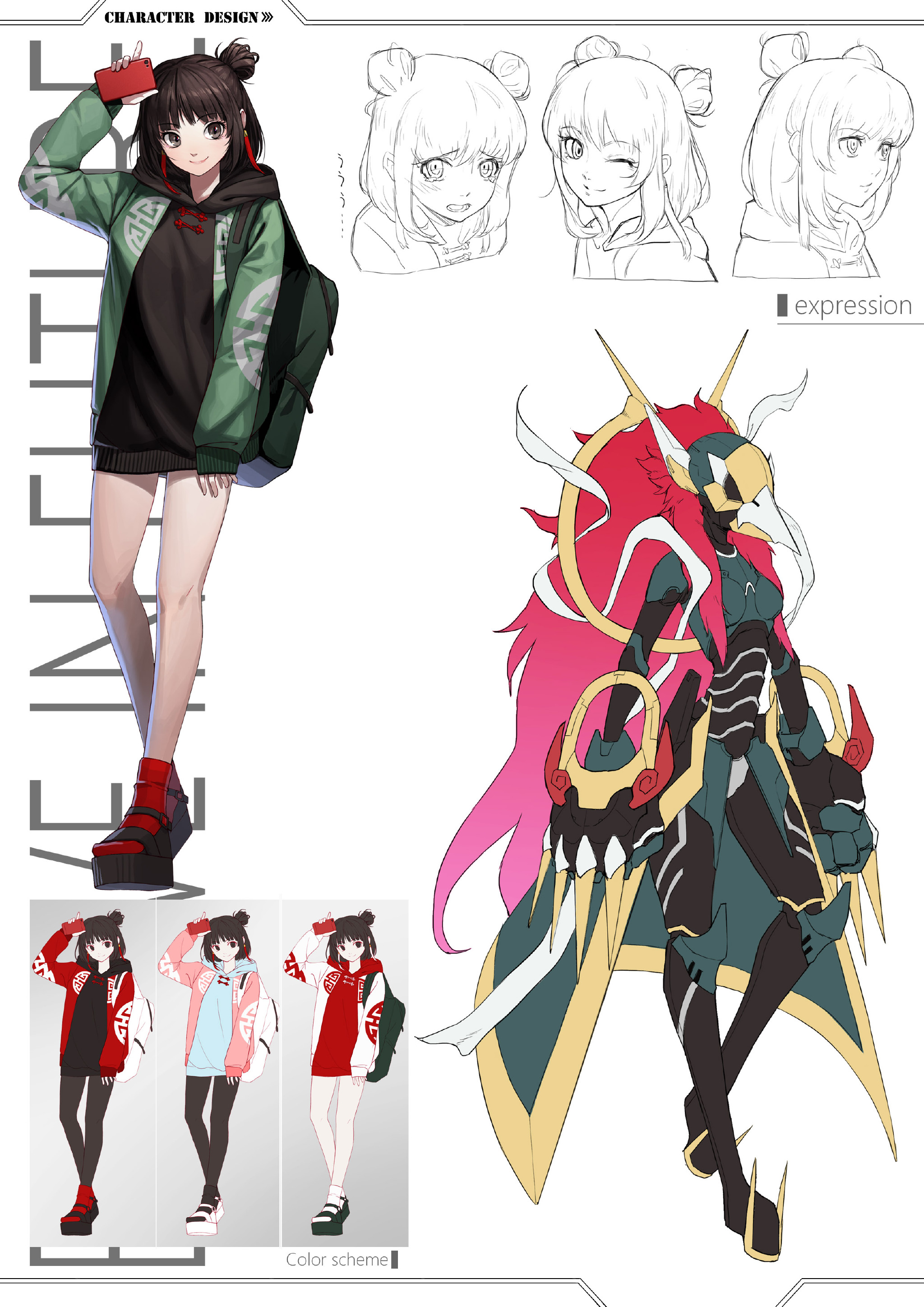 this is a character design sheet for an anime character. the sheet includes a fullbody illustration of the female character, as well as closeups of her face and various expressions. the sheet also includes color schemes and a sketch of a weapon.
