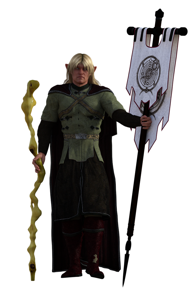 a fulllength digital rendering shows an elf character in a fantasy setting. the elf has blond hair, pointed ears, and is wearing a green tunic with leather straps across the chest, a dark cloak, and red boots. he holds a twisted, yellow staff in his left hand and a white banner with a circular symbol on it in his right hand. the background is black.