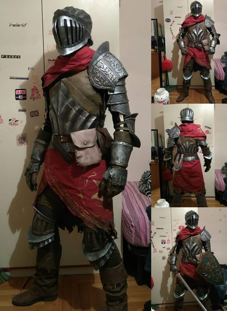 this image is a collage showcasing a meticulously crafted dark souls cosplay.  the images display the costume from various angles, highlighting the detail of the armor, which includes a helmet, pauldrons, gauntlets, greaves, and a cuirass. the cosplayer is wearing a dark red cape or skirt.  some pictures show the complete costume, while others focus on specific details or display the cosplayer from the back. the setting is a bedroom, and there are personal items visible in the background. the costume appears to be handmade and incredibly detailed, mimicking the ingame appearance of a dark souls knight. the images collectively present a comprehensive look at the cosplay and the cosplayer's craftsmanship.