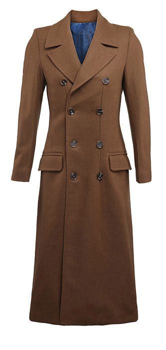 a brown, doublebreasted overcoat is shown against a white background. the coat is long and has a suit coat design.