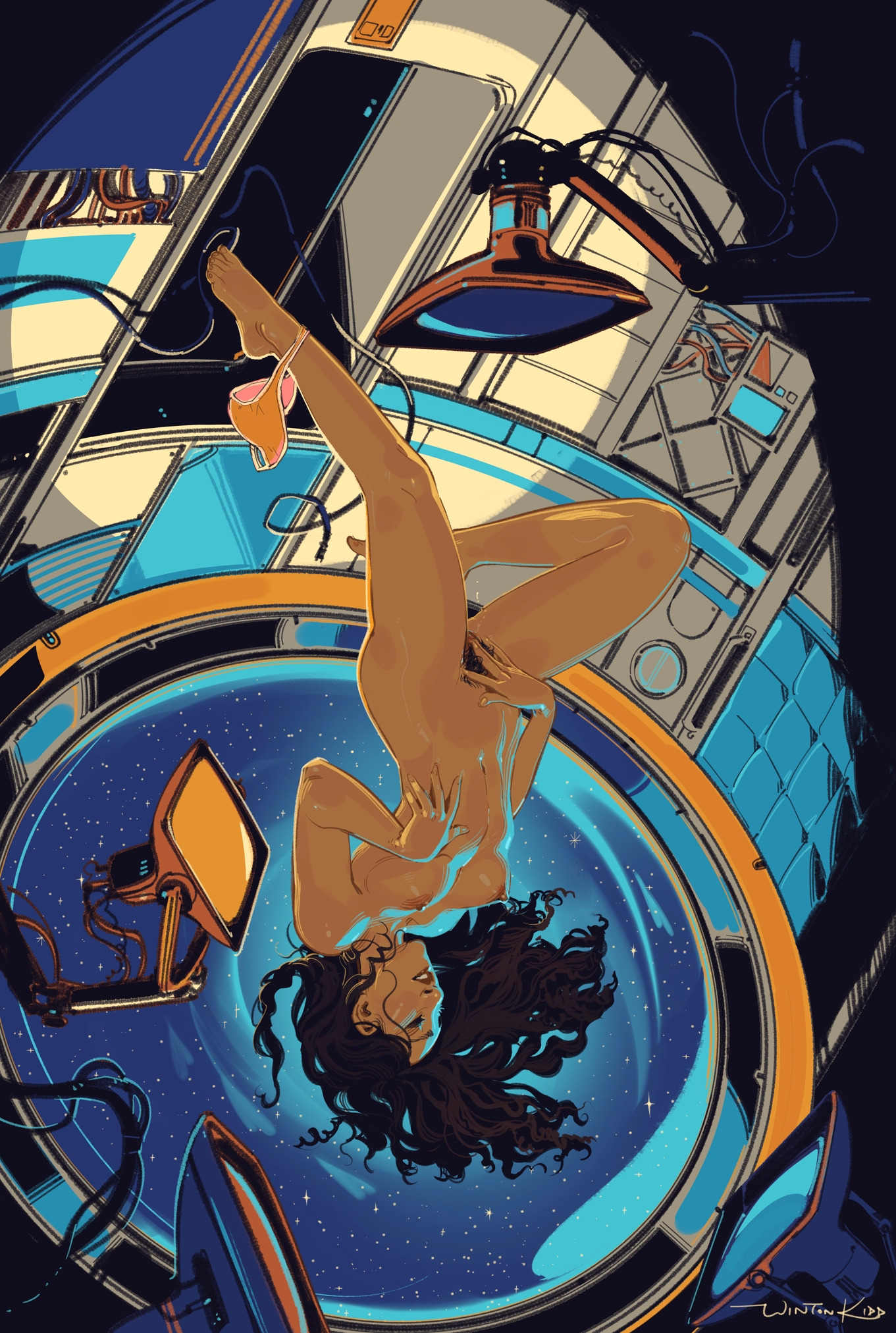 the image is a vibrant, stylized illustration in the style of retrofuturism or science fiction art. it depicts a nude woman with dark curly hair floating upside down within a circular, portholelike section of a spaceship's interior. the spaceship's interior is detailed with a blend of sleek, curved lines and retro technological elements like crt monitors and various wires and cables. the woman's pose is relaxed yet sensual, her hands gently touching her body. the background inside the porthole is a deep blue, representing space, dotted with bright stars. the overall color palette is rich and saturated, utilizing blues, oranges, and tans to create a striking visual contrast. the style evokes a nostalgic feel reminiscent of classic science fiction artwork from the 70s or 80s, while simultaneously possessing a modern sensibility. the composition is dynamic, with the woman’s body forming a central point of interest that interacts organically with the complex mechanical elements surrounding her. the artist’s signature is subtly placed in the lower right corner.