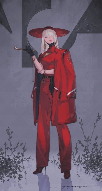 a woman in red standing outside, she is wearing a long red coat and pants, a hat and high heel shoes. she's holding a cigarette in her left hand and a glove in her right hand.  the image is done in an anime style and is full of details like clothing and foliage.