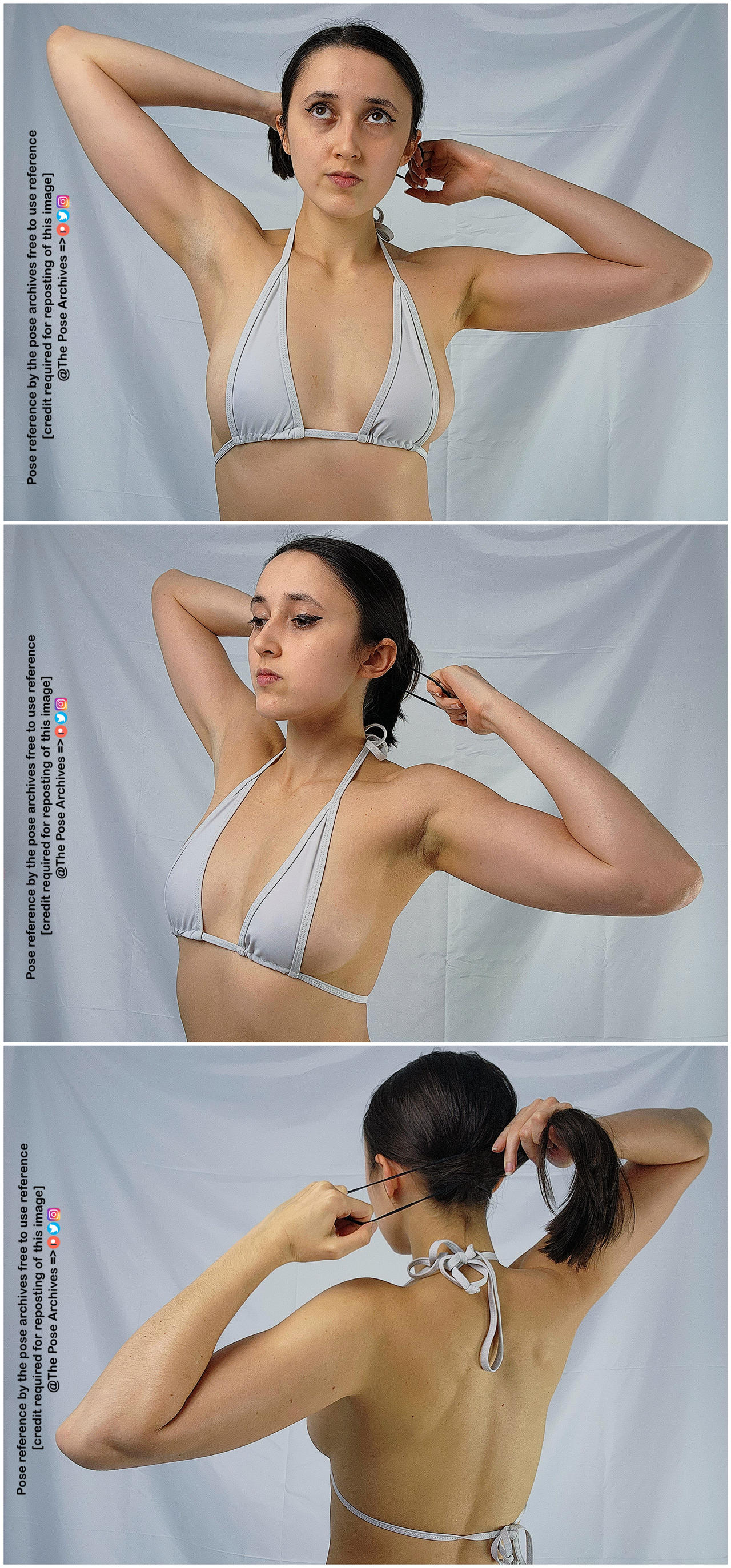 the image shows a woman in a white bikini top, demonstrating how to tie hair into a ponytail with three different poses. the background is a consistent light gray.