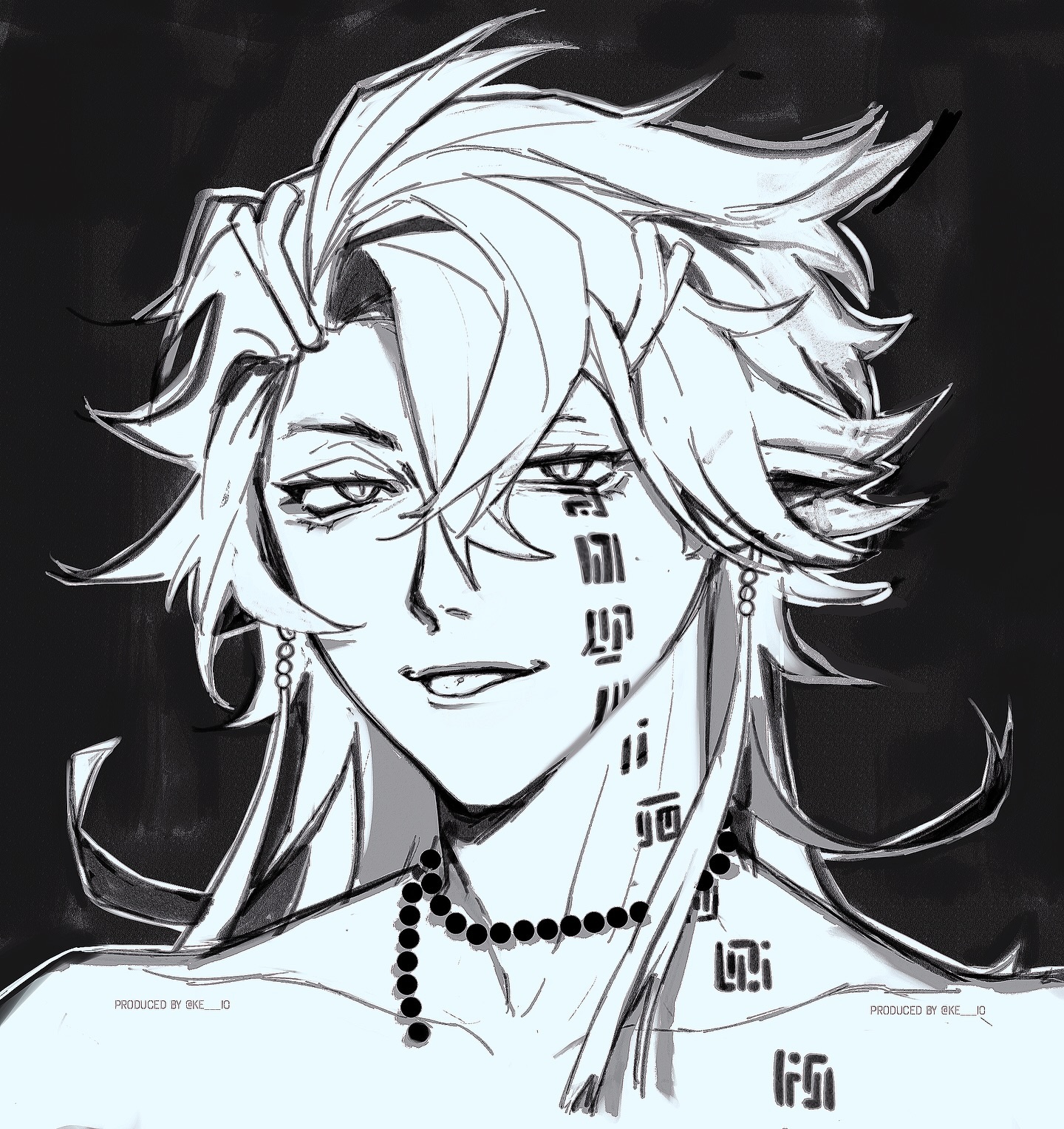 this is a black and white, digitally drawn sketch of a young man with long white hair. he is shirtless and grins at the viewer. he has a tattoo on his cheekbone and neck. he also wears a beaded necklace.