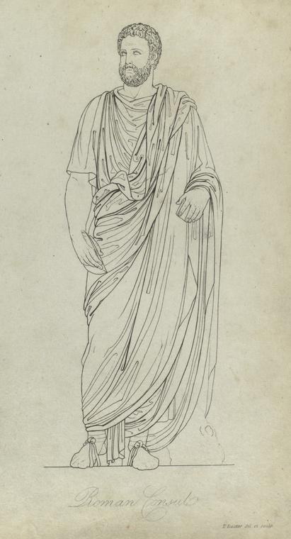 a line drawing depicts a fulllength image of a roman consul. the consul is a male figure with a beard and curly hair, dressed in a traditional toga. he is standing upright, facing forward, with his hands positioned at his sides. the drawing is rendered in a minimalist style with fine lines, highlighting the drapery of the toga and the contours of the figure. the words "roman consul" are written in cursive below the image. the overall aesthetic of the drawing is classical and scholarly.