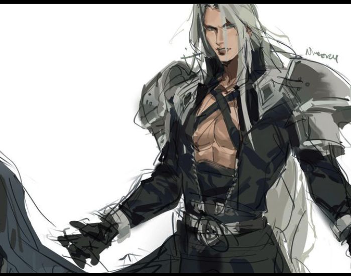the image is a piece of digital fanart depicting sephiroth, the iconic antagonist from the final fantasy vii video game series.  it's a dynamic sketch or concept art showing him from the waist up, in a dramatic pose. sephiroth is depicted with his signature long white hair, and is wearing a dark, partially armored outfit. his muscular physique is visible through the open chest area of his attire. the art style blends anime and manga influences with a more painterly approach.  the background is largely white, with some faint grey shading, suggesting the artwork is possibly a work in progress with some unfinished areas. the overall feel is dynamic and intense, capturing sephiroth's character.