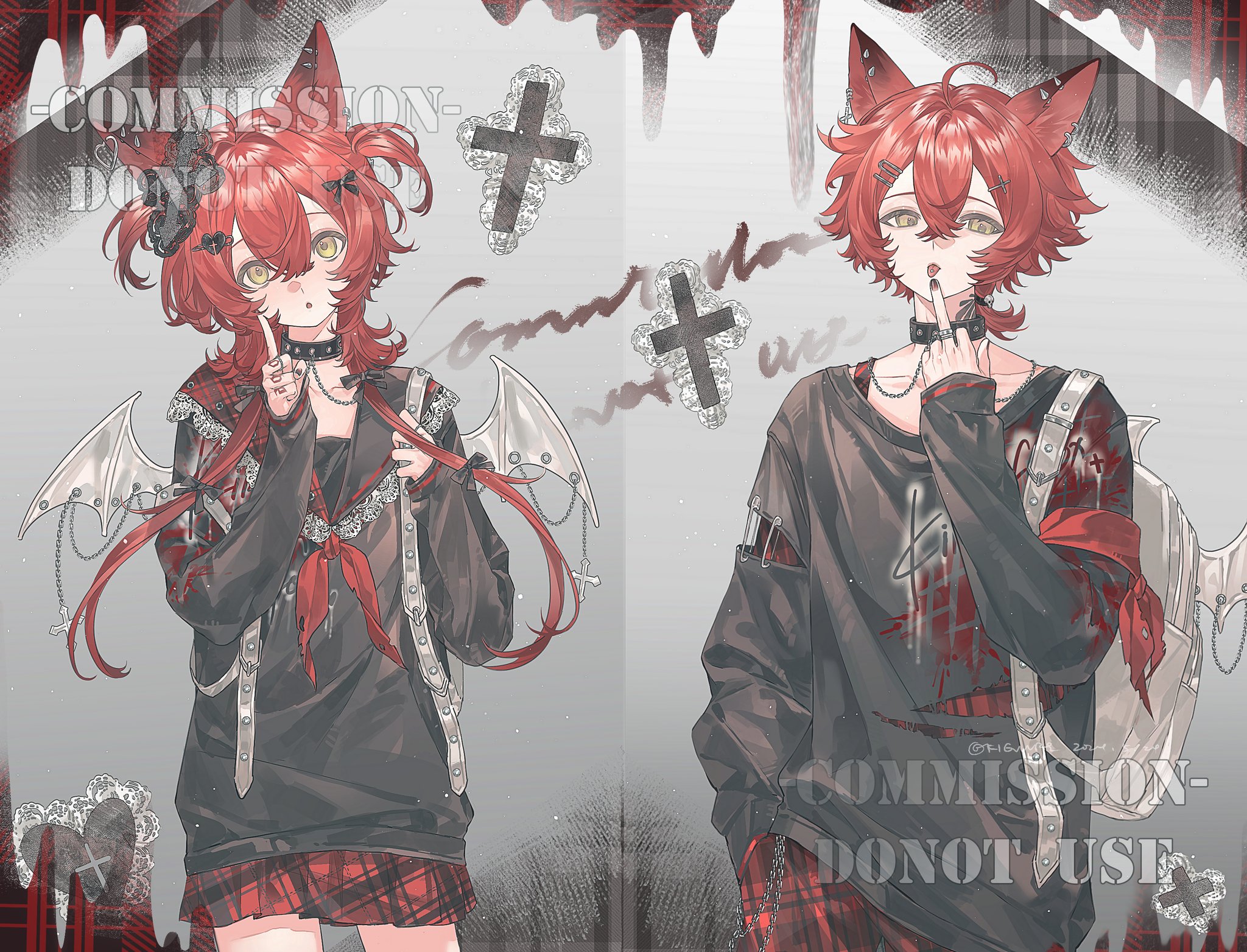 the image showcases two anime characters with a gothic fashion theme. both characters have red hair and are making a fingertolips gesture. the character on the left wears a black top with lace details, a plaid skirt, and bat wings, while the character on the right wears a longsleeved oversized shirt and has cat ears. the background features cross motifs and the phrase "commission  do not use."