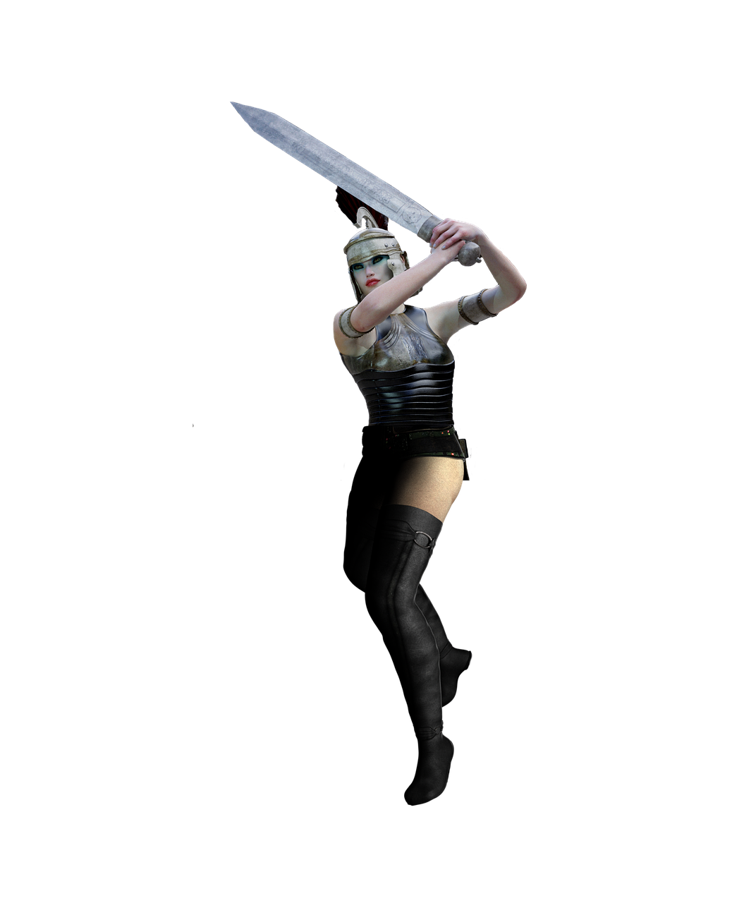 a warrior woman in roman gladiator style attire is holding a sword over her head against a black background. she's wearing a helmet, metal armor, and thighhigh boots.