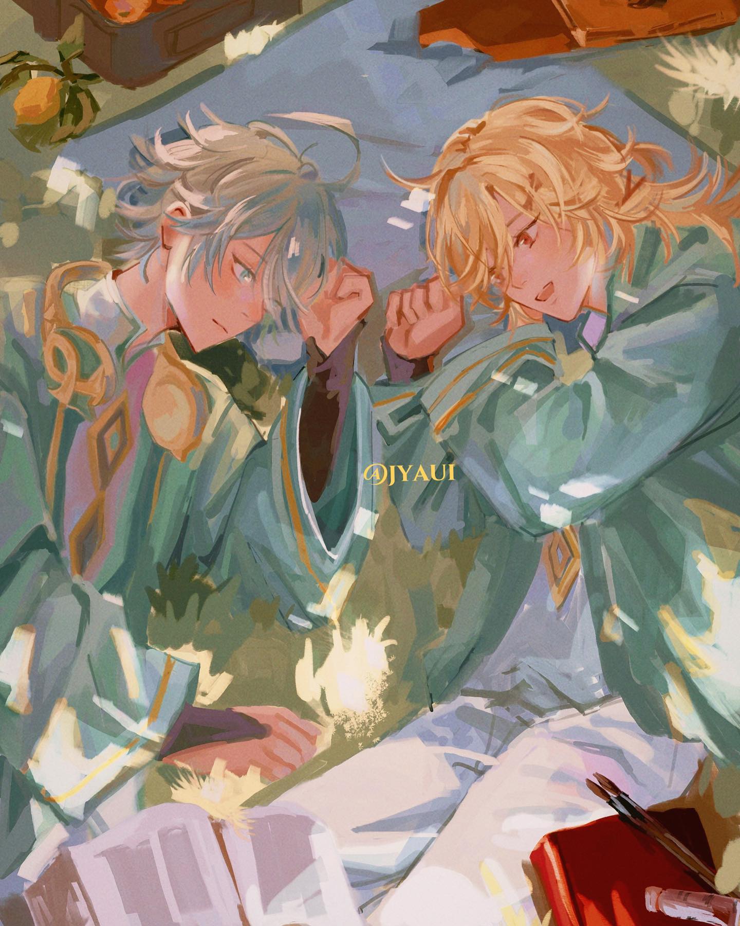 the image is a digital painting in a soft, pastel color palette, depicting two animestyle boys lying together on a blanket outdoors.  they appear to be asleep or resting peacefully, cuddling close. both are dressed in variations of light green and white clothing. one boy has light blonde hair, and the other has light gray or silvery hair. the setting appears to be a sunny outdoor picnic area, with hints of oranges and greenery in the background. the overall mood is serene and calming. the style is reminiscent of softfocus manga or anime fanart. there are also subtle details suggesting a book and a sketchbook nearby.