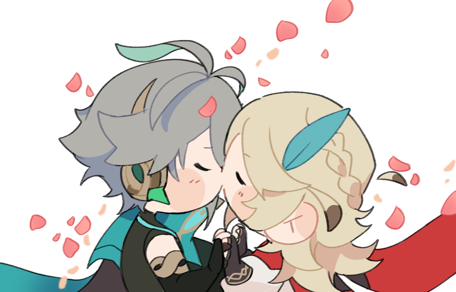 this is a chibistyle fanart depicting albedo and xiao from genshin impact in a romantic embrace. albedo is kissing xiao on the cheek.  pink petals float around them, adding a romantic atmosphere.  both characters are drawn in a cute, simplified style, common in chibi art.  their clothing is recognizable as their outfits from the game, although simplified for the chibi style.