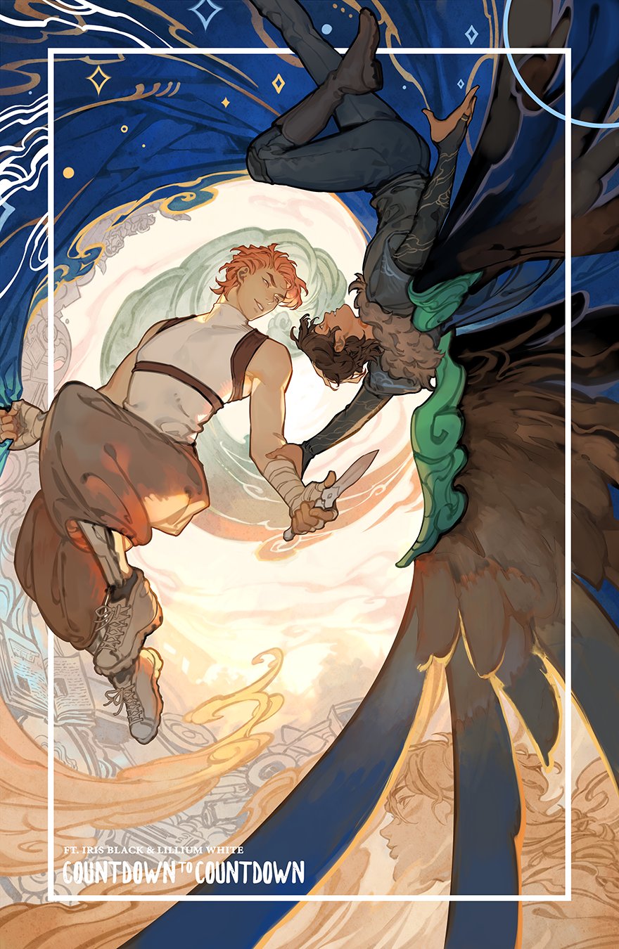 the image is a book cover for "countdown to countdown" by i.t. iris black and lilium white. it features two men in a fantasy setting. one man has red hair and is wearing a white shirt and brown pants and is holding hands with the other man. the other man has brown hair and is wearing dark clothing and a green cape, he is holding a knife. they are in a dynamic pose, surrounded by magical elements, stars, and swirling colors. the overall tone suggests a romantic and adventurous fantasy novel.