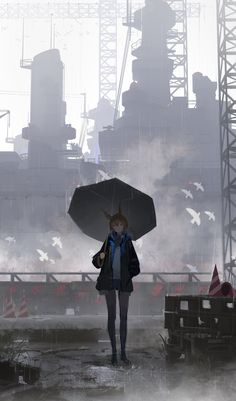 an anime girl with brown hair and blue eyes is standing on a rainy dock with warships in the background. she is holding a black umbrella over her head. the environment is dark and gloomy, with soft lighting. the overall color palette is desaturated blues and grays.