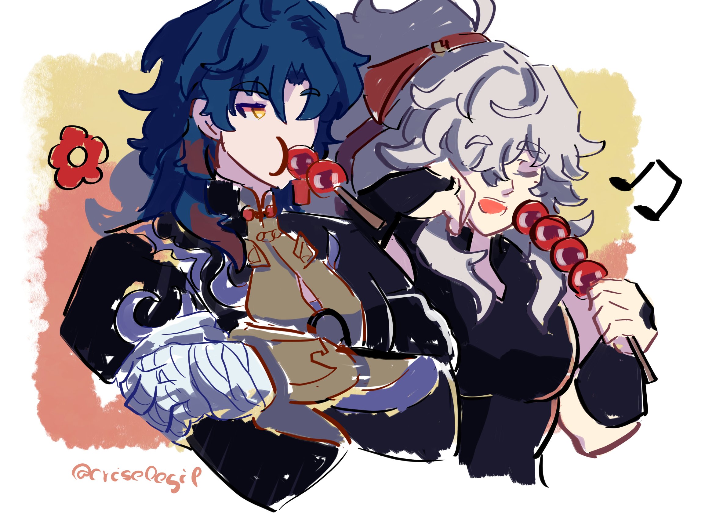 the image is a colorful, cartoonish illustration of a male and female anime character. the male character has blue hair and is wearing a black jacket with gold trim, and the female character has white hair and is wearing a black jacket. they are both smiling and holding red candy on a stick. the background is a mix of light colors like pink, yellow and white.