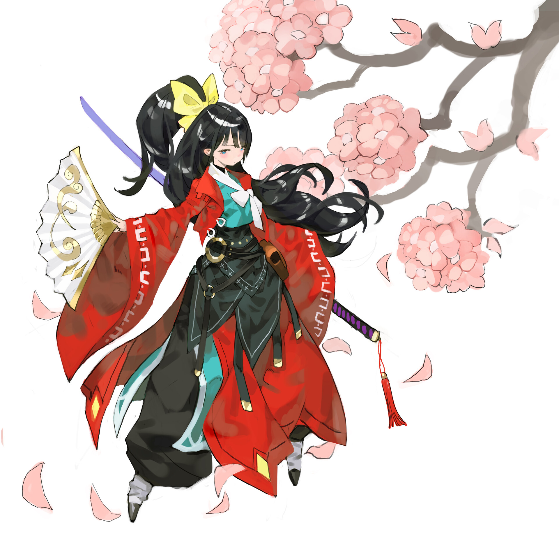 the image shows an animestyle illustration of a girl wearing a red kimono. she has black hair tied in a ponytail with a yellow bow, and she is holding a white fan in one hand. a katana is strapped to her back. cherry blossoms are in the background, giving the artwork a japanesethemed atmosphere.