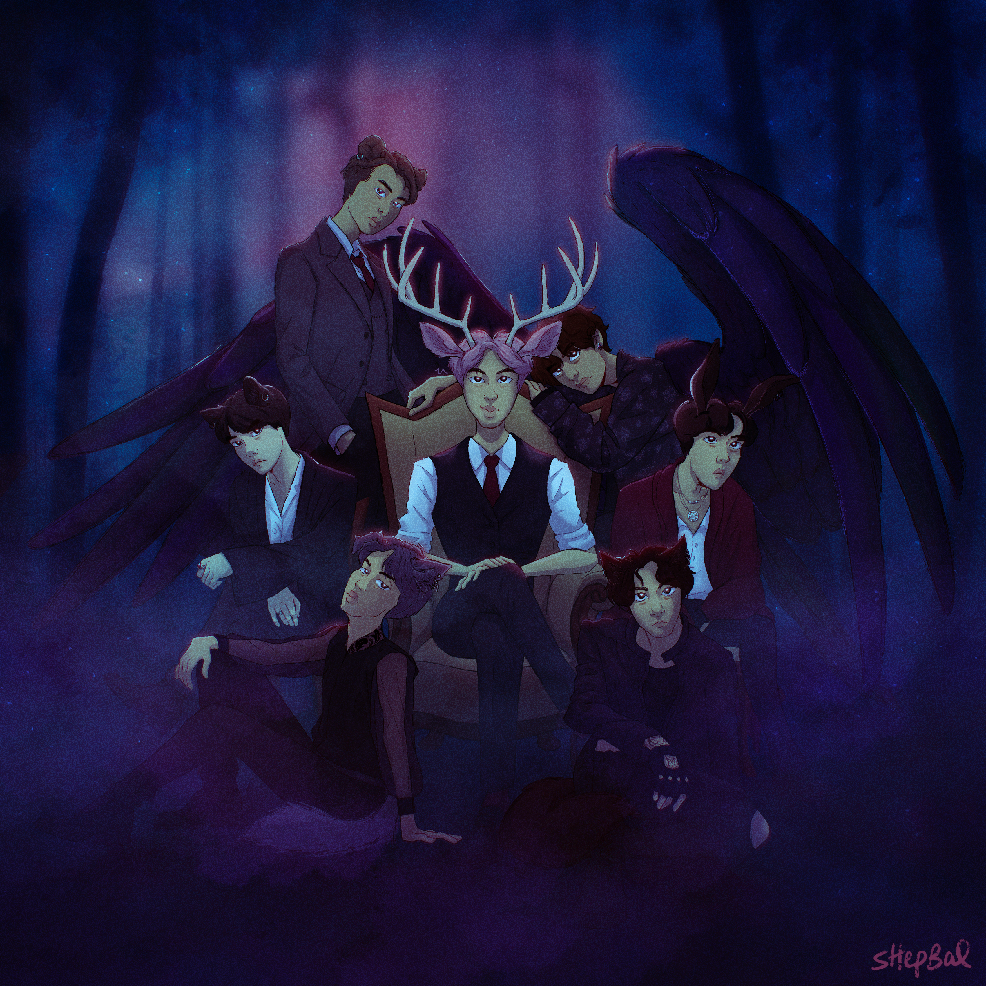 the illustration presents a group of seven men posed in a dark, mystical forest. they appear to be inspired by kpop group bts, reimagined as fantasy figures. one sits on a throne with large antlers, flanked by others with demonlike wings and ears. the lighting is dramatic, emphasizing a mystical and slightly eerie atmosphere.