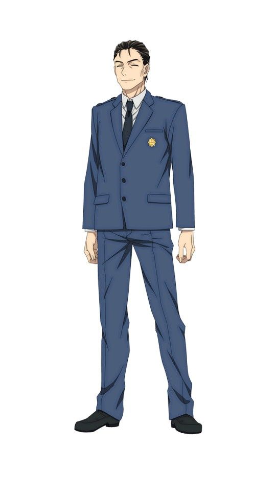 an anime illustration of a man in a blue suit and tie, smiling, standing and looking at the viewer. the man is a policeman, wearing a badge. the art is a digital illustration.