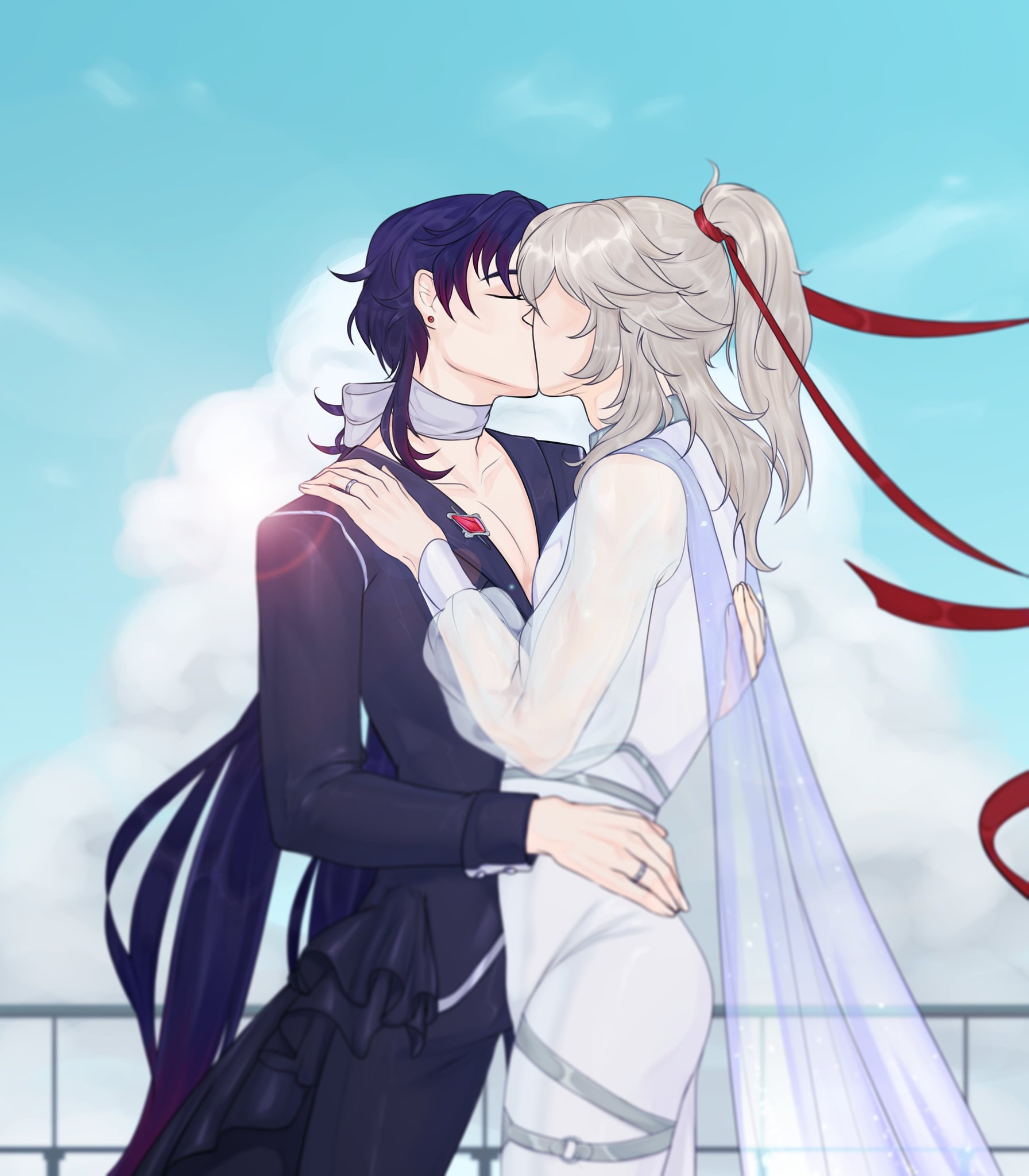 the image is an illustration of an anime couple getting married. the groom is wearing a black tuxedo with a red flower on his lapel, while the bride is wearing a white dress with a long veil. they are kissing passionately under a blue sky with white clouds. the image is a celebration of love and commitment.
