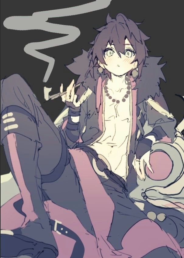 an anime character is sitting with a cigarette, wearing a jacket, a necklace, and earrings. he has black hair and purple clothing. the image is in a sketch style, giving a casual and relaxed vibe.