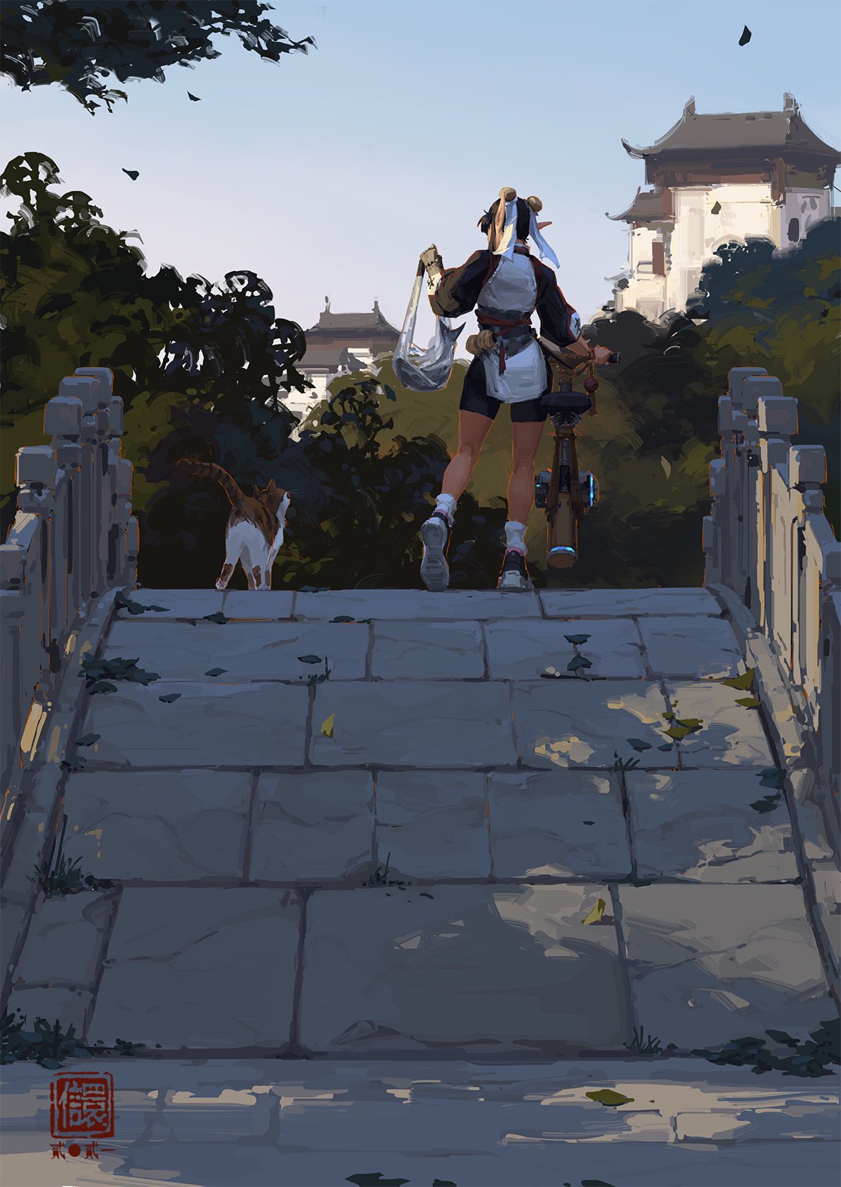 the digital painting depicts an animestyle woman walking away from the viewer on a stone bridge. she carries a bag over her shoulder and what appears to be a bicycle in her other hand.  a cat follows behind her.  in the background, traditional asianstyle buildings and lush greenery are visible under a bright, sunny sky. the overall style of the artwork is painterly and evocative of a serene and peaceful atmosphere. the colors are soft and muted, adding to the tranquil mood. a small stamp is visible in the bottomleft corner.