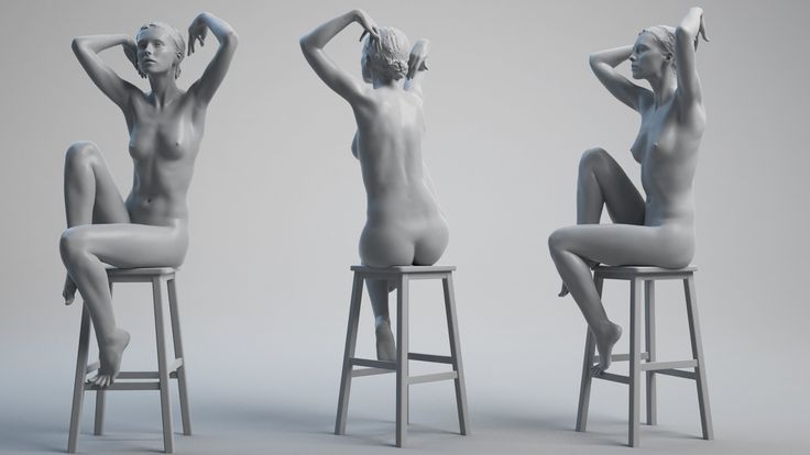 the image shows three different views of the same 3d rendered female nude sculpture.  each depiction features the woman seated on a simple stool, captured in a relaxed pose with her arms raised, highlighting the form and musculature of the human body. the backdrop is a minimalist studio setting with soft, even lighting, focusing attention solely on the sculptural forms.