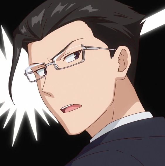 an animestyle drawing of a man with dark hair and glasses. he is wearing a suit and tie, and his expression is one of shock or surprise, with his mouth slightly open and his eyebrows raised. the background is black, and there are white lines radiating from behind his head to emphasize the dramatic effect.