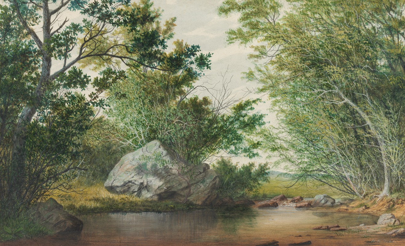 a watercolor painting depicts a serene landscape with a stream in the foreground. trees and foliage surround the water, with rocks interspersed. the scene exudes a peaceful and natural ambiance.