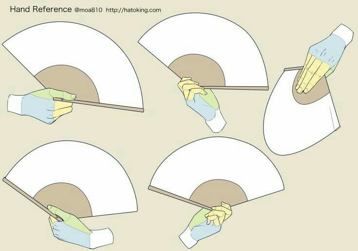 the image is a hand reference artwork, showing different hand poses holding a fan. it's meant to be used as a guide for artists to improve their hand drawing skills. it includes multiple illustrations of hands in different positions holding a closed fan. the illustrations are in a simple style, with light colors to distinguish the hand parts. the top of the image states that it's hand reference from @moa810 from hatoking.com.