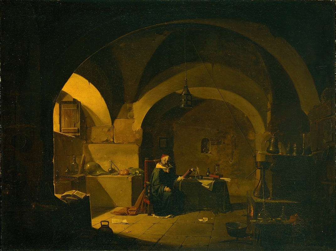 the image is an oil painting depicting the interior of an old, stonewalled chamber with a vaulted ceiling and arches. an old man, dressed in a robe and cap, sits at a table writing in a manuscript. the room is dimly lit by a lantern and a candle, creating strong shadows. the chamber appears to be a laboratory or study, filled with books, flasks, vessels, and other scientific equipment suggesting an alchemy or scientific activity. the style of the painting resembles that of old masters, evoking a sense of the medieval or renaissance era.