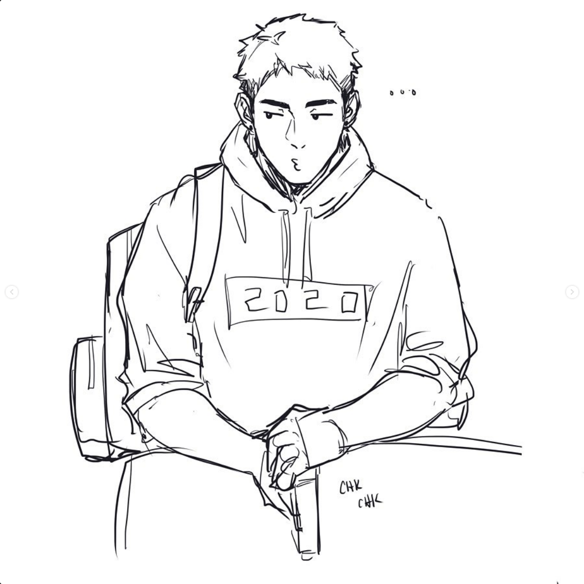a black and white sketch of a young man wearing a hoodie with the number 2020 printed on it. he has a backpack slung over his shoulder and is sitting down with a bored expression on his face.