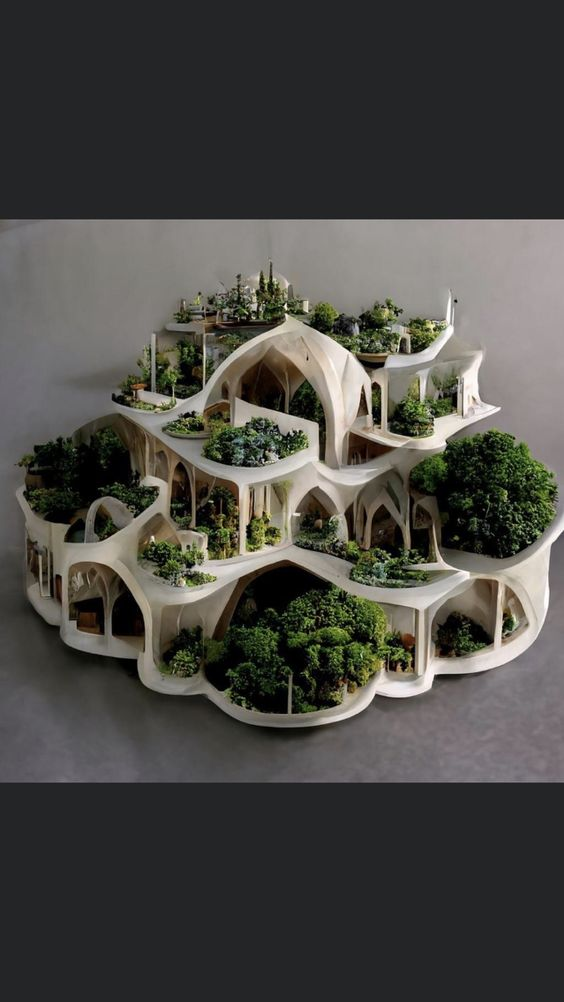 a bird'seye view of a miniature architectural model of a white building designed with numerous levels of plants and trees. the structure features arched openings and pathways, integrating nature into its design, creating a sense of a green oasis. the model is situated against a neutral gray background that highlights the intricate details and the vibrant green of the foliage.