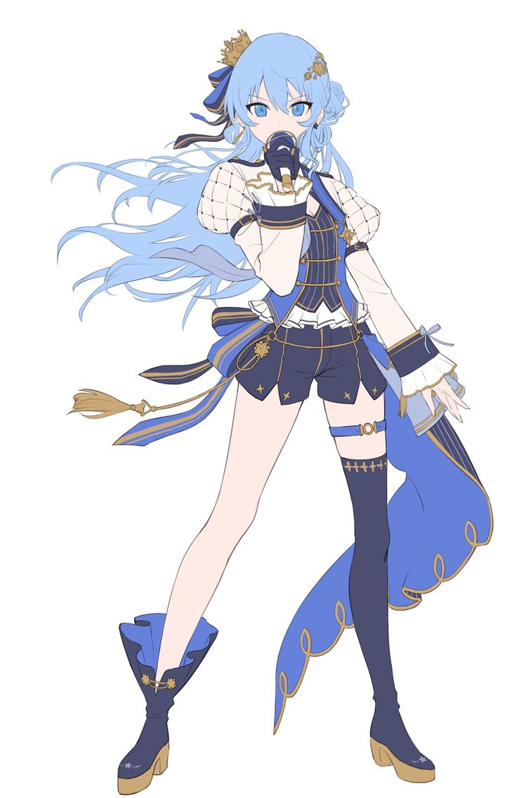 the image is a digital drawing of an animestyle girl. she has long, flowing blue hair, and is wearing a blue and gold dress with a matching pair of boots. she's holding a microphone and appears to be singing or performing on stage. her design is elegant, with a mix of cute and fantasy elements. the style is reminiscent of a virtual youtuber (vtuber) character. the overall aesthetic is bright and colorful, but the image is primarily rendered in shades of blue and gold.